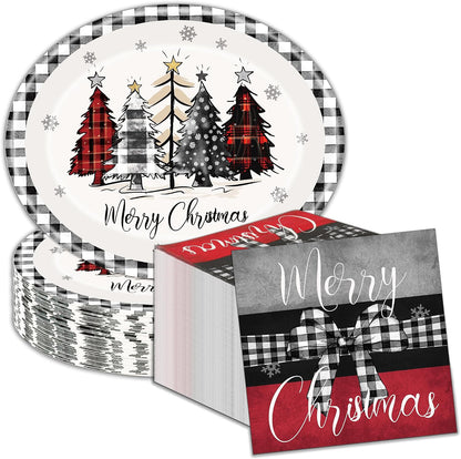 100Pcs Christmas Oval Paper Plates and Napkins,12"x10" Winter Large Plates