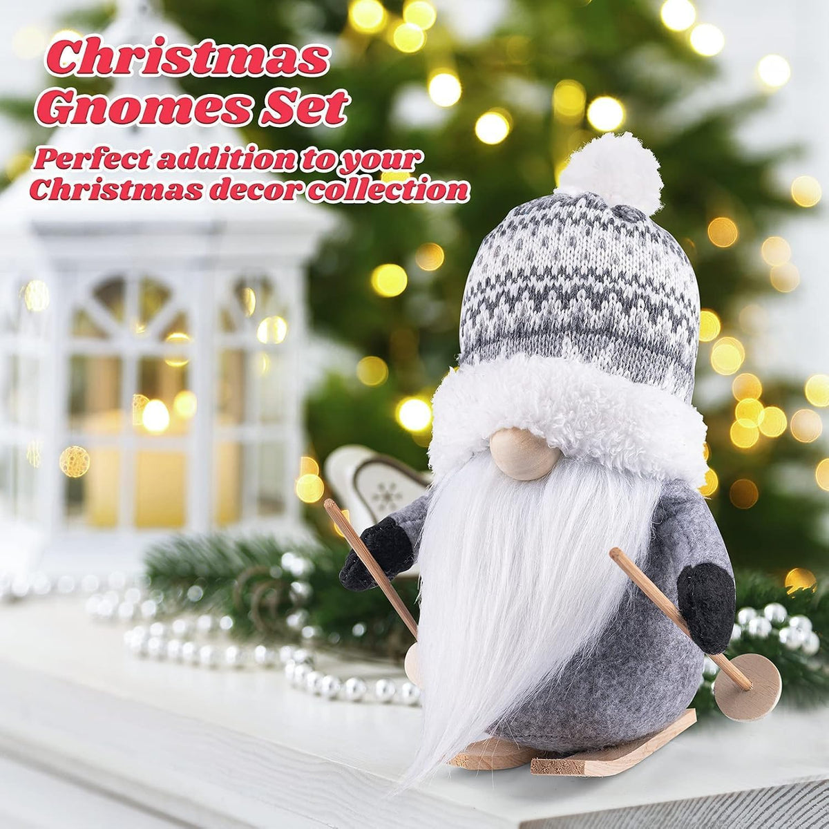 D-FantiX 2Pack Sled Christmas Gnomes Plush with Wood Skis and Ski Poles