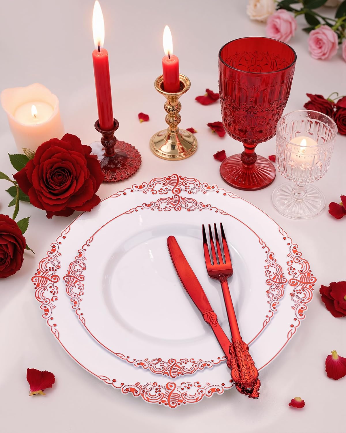 Nervure 350Pcs Red Plastic Plates, Plastic Dinnerware Set for 50 Guests