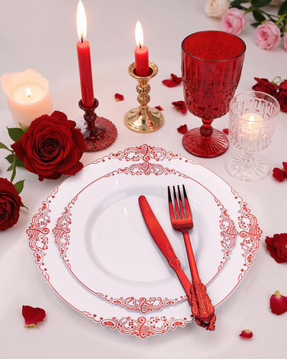 Nervure 175Pcs Red Plastic Plates, Red Plastic Dinnerware Set for 25 Guests