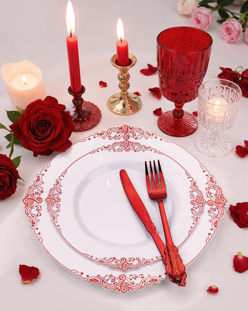 Nervure 175Pcs Red Plastic Plates, Red Plastic Dinnerware Set for 25 Guests