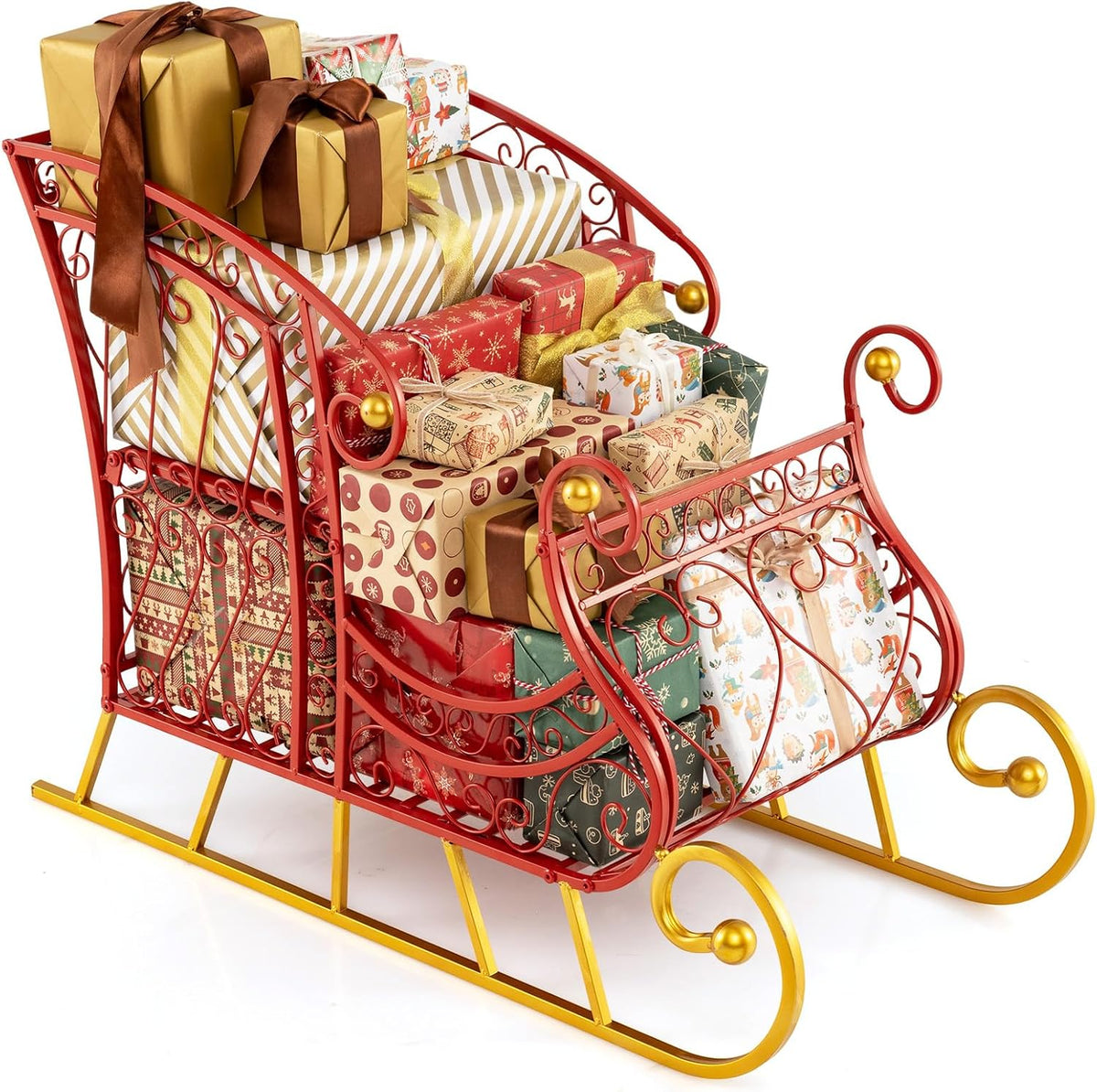 Tangkula Metal Christmas Santa Sleigh Basket, 2-Tier Red Xmas Santa's Gift Storage Sleigh with Large Cargo Area, Festive Decorative Sleigh Cart, Holiday Decoration for Home Office Carnival