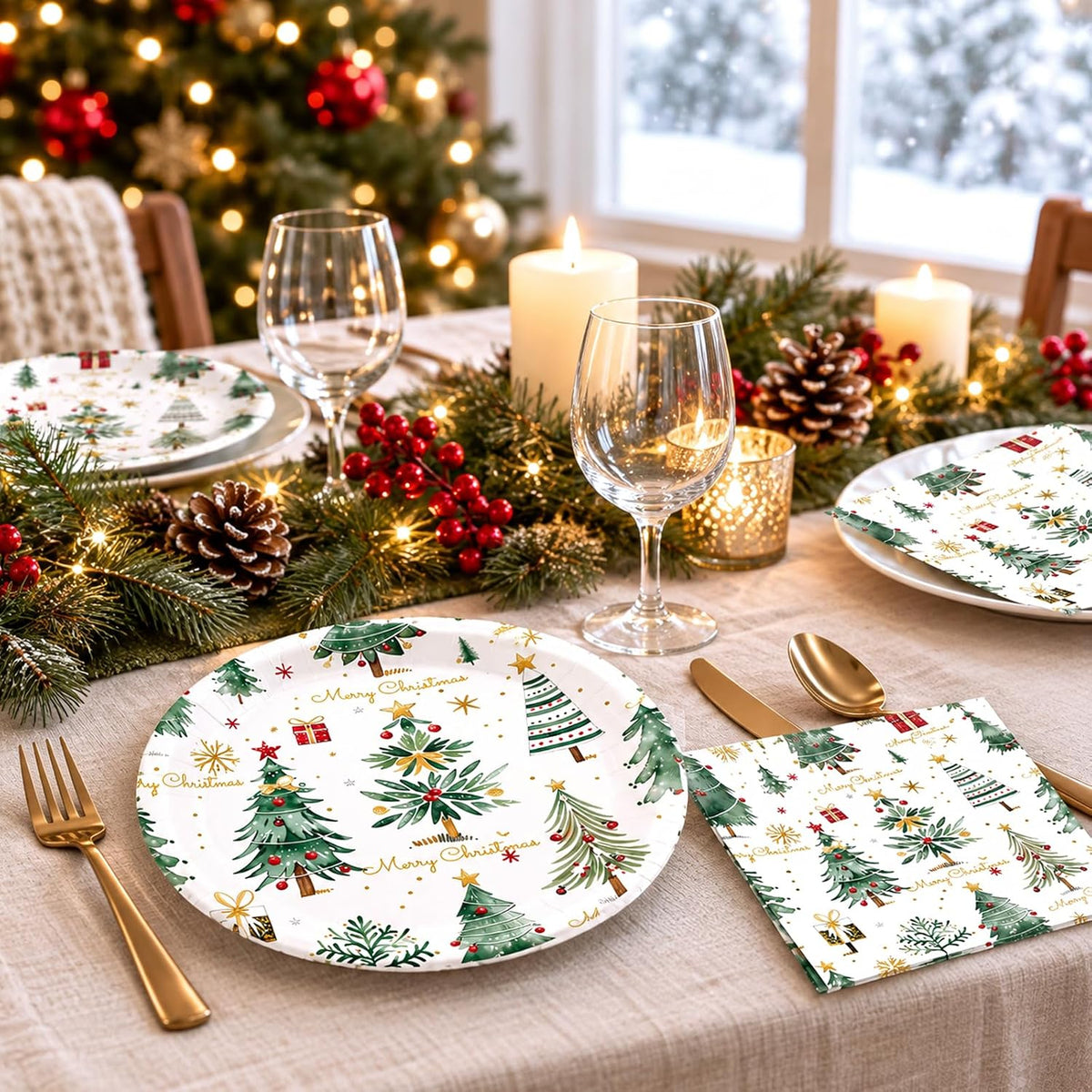 Merry Christmas Plates and Napkins Set, 7inch Xmas Tree Party Decorations