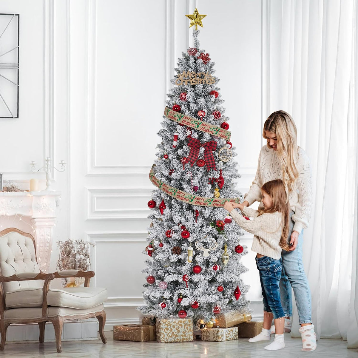 Garvee 6 ft Pencil Christmas Tree,Artificial Pre-Lit Christmas Tree,Realistic Frosted Xmas Tree Holiday Decoration, with LED Light and Metal Stand