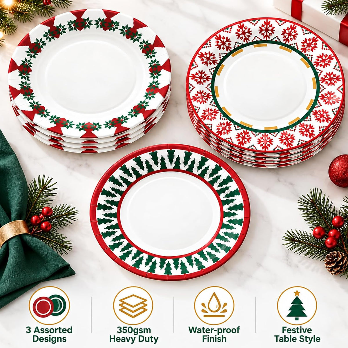 48pcs Christmas Paper Plates, 8.5 inch Xmas Party Plates Table Decorations