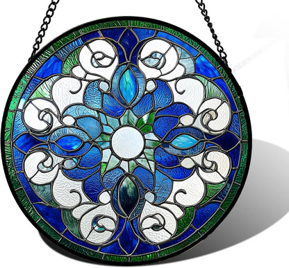 Winter Snow Night Scenery Stained Glass Window Hanging Suncatcher Gift 9.8"