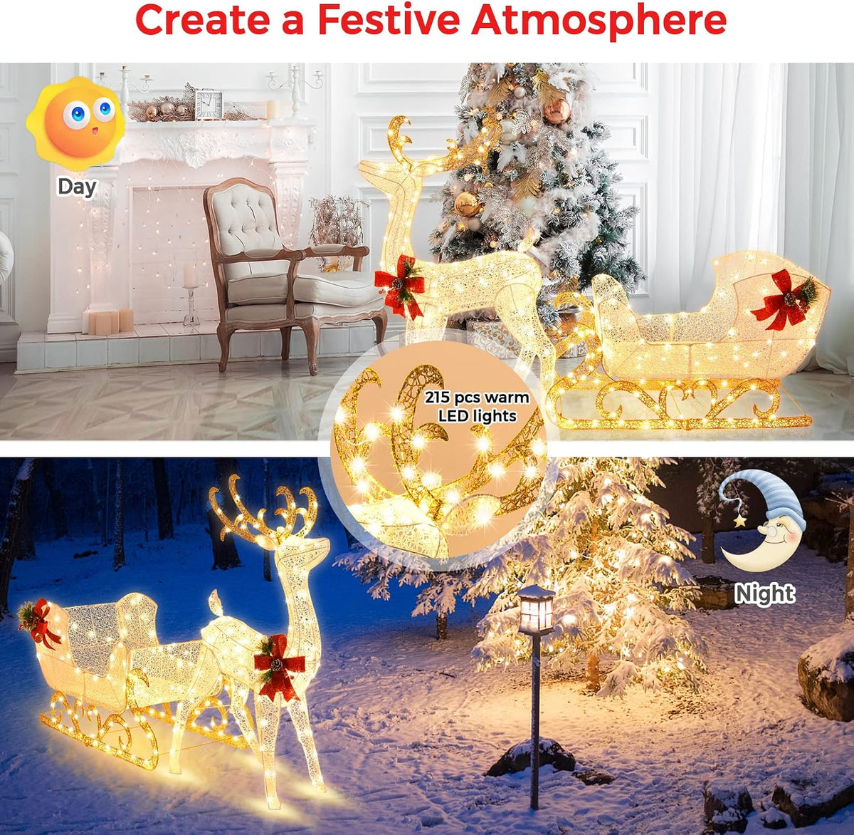 Tangkula 6 FT Christmas Lighted Reindeer & Santa’s Sleigh Set, Warm White