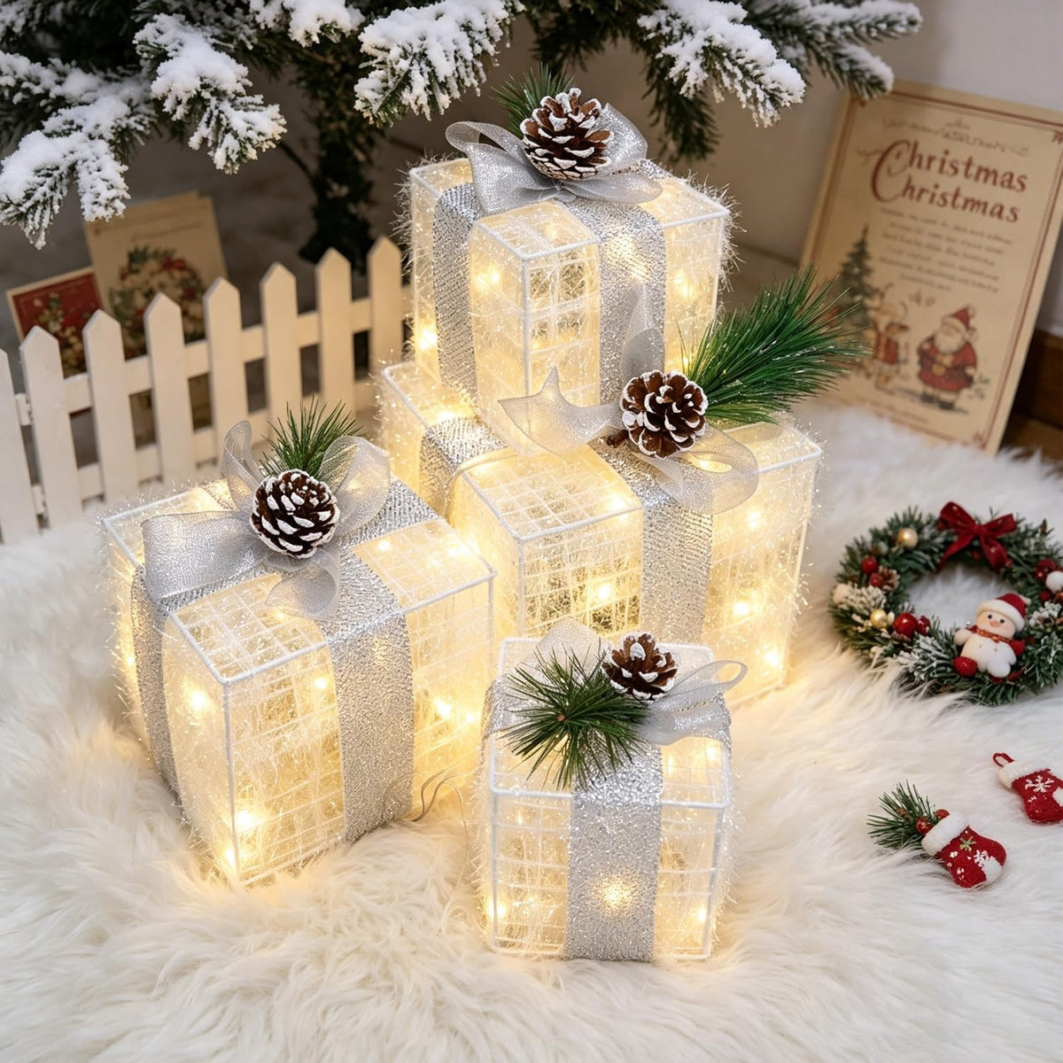 Hourleey Set of 4 Christmas Lighted Gift Boxes Warm White 70 LED Pre-lit