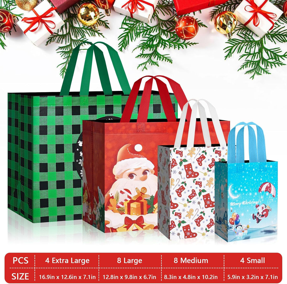 Heetobcos 12 Pack Christmas Gift Bags 13” Large Reusable Tote Bags