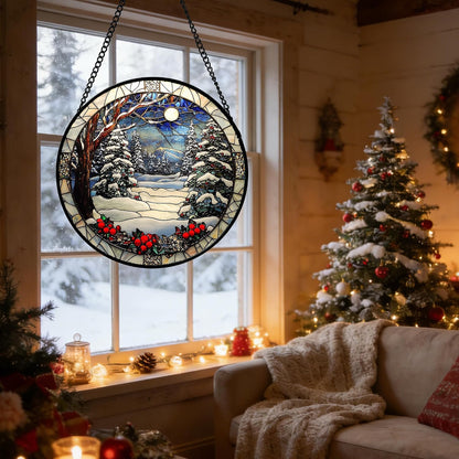 Winter Snow Night Scenery Stained Glass Window Hanging Suncatcher Gift 15"