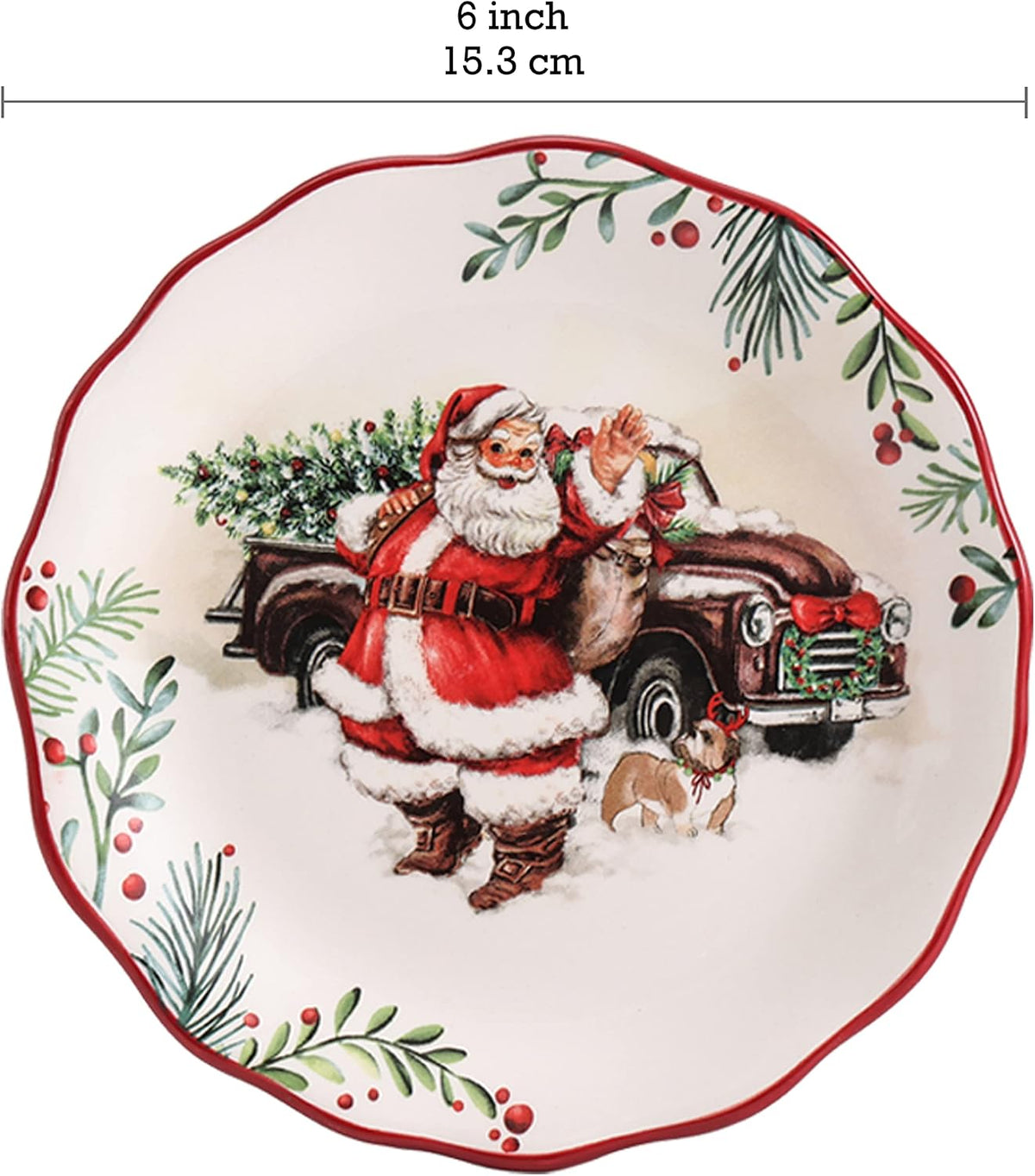 Bico Santa On The Way Scalloped Christmas Appetizer Plates Set of 6, 6 In
