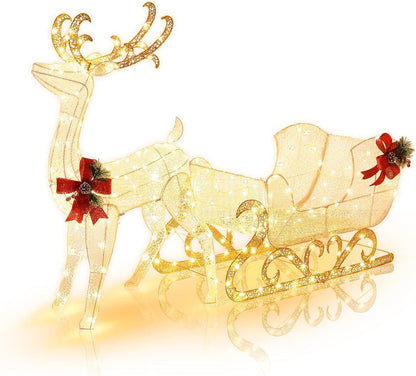 Tangkula 6 FT Christmas Lighted Reindeer & Santa’s Sleigh Set, Warm White