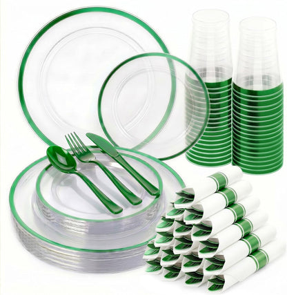 350PCS Clear Red Plastic Plates Dinnerware Sets for 50 Guests