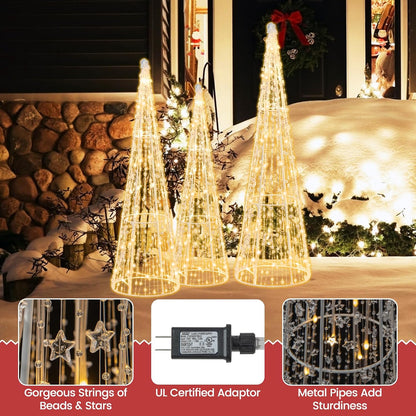 Tangkula Set of 3 Lighted Christmas Cone Trees with Warm White LED Lights