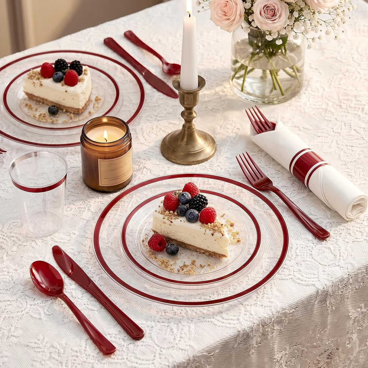 350PCS Clear Red Plastic Plates Dinnerware Sets for 50 Guests