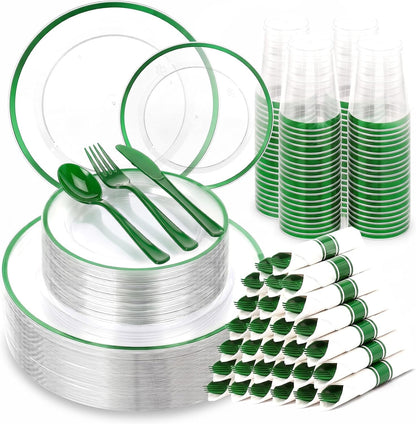350PCS Clear Red Plastic Plates Dinnerware Sets for 50 Guests