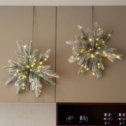 LITBLOOM Flocked Snowflake Lights with Timer Battery Operated and USB Plug in 18IN, Lighted Pine Branches with 60 LED Lights for Home Window Wall Fireplace Mantle Christmas Decoration Indoor