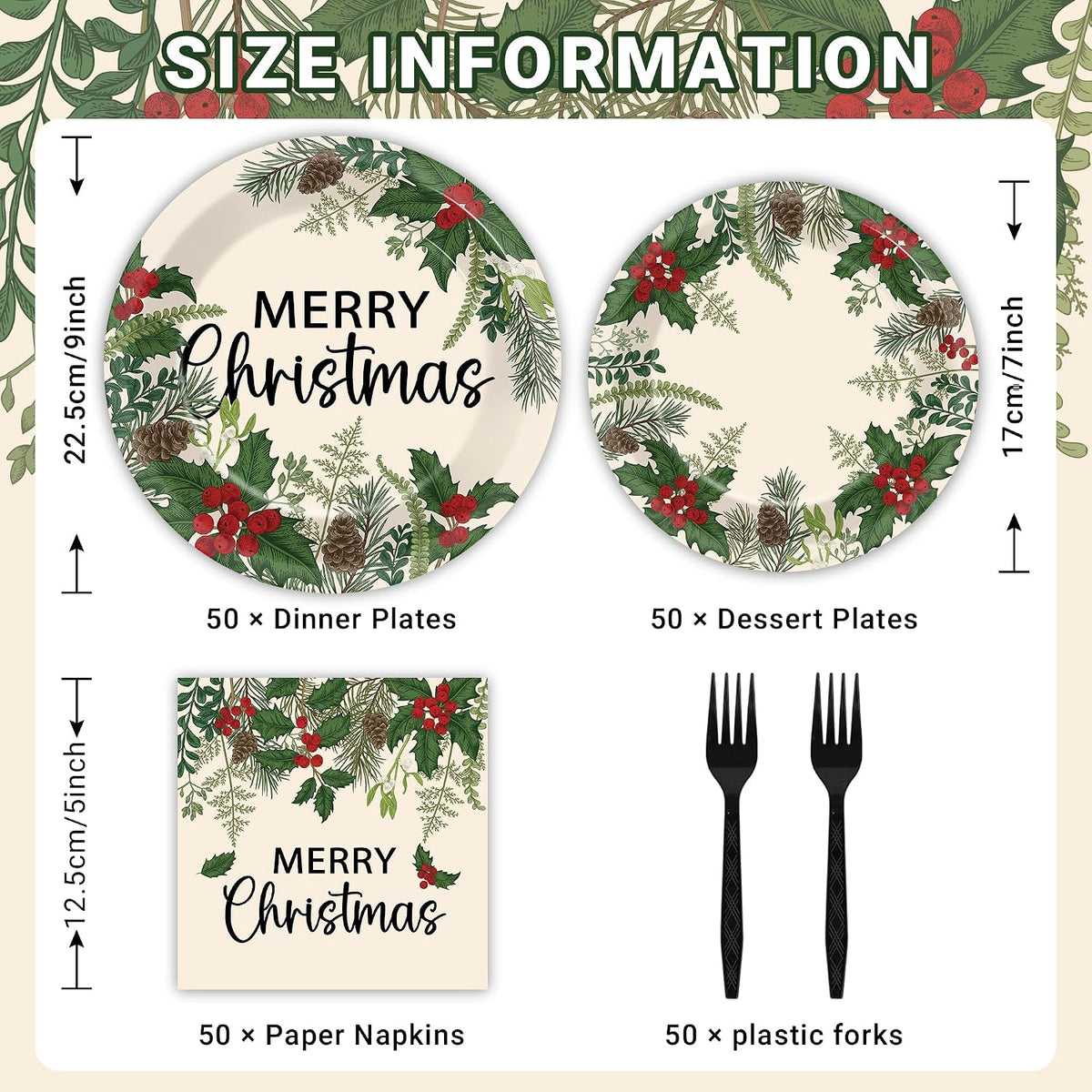 200Pcs Merry Christmas Paper Plates and Napkins , Xmas Dinner Party Plates