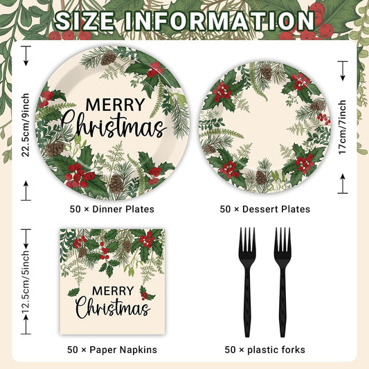 200Pcs Merry Christmas Paper Plates and Napkins , Xmas Dinner Party Plates