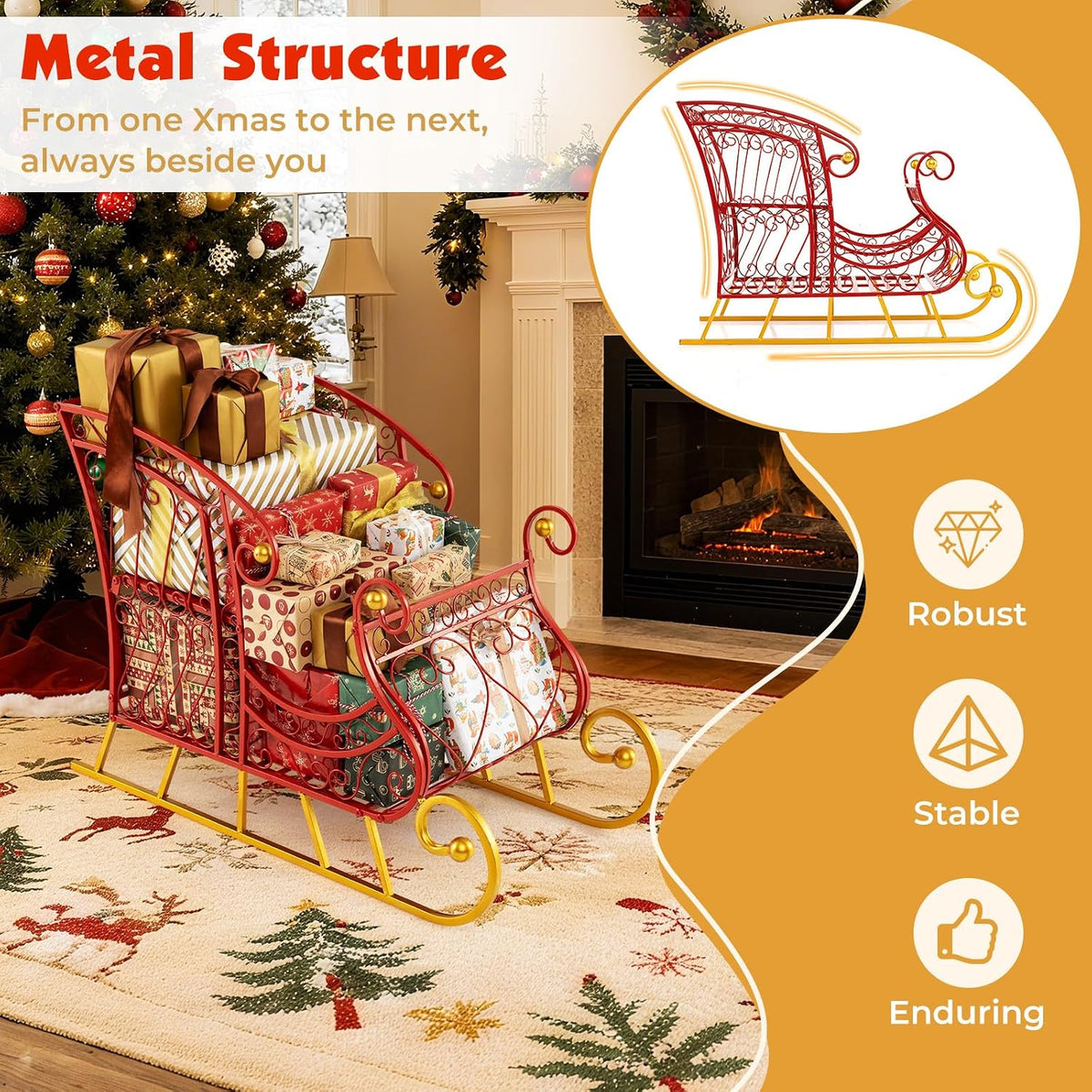 Tangkula Metal Christmas Santa Sleigh Basket, 2-Tier Red Xmas Santa's Gift Storage Sleigh with Large Cargo Area, Festive Decorative Sleigh Cart, Holiday Decoration for Home Office Carnival