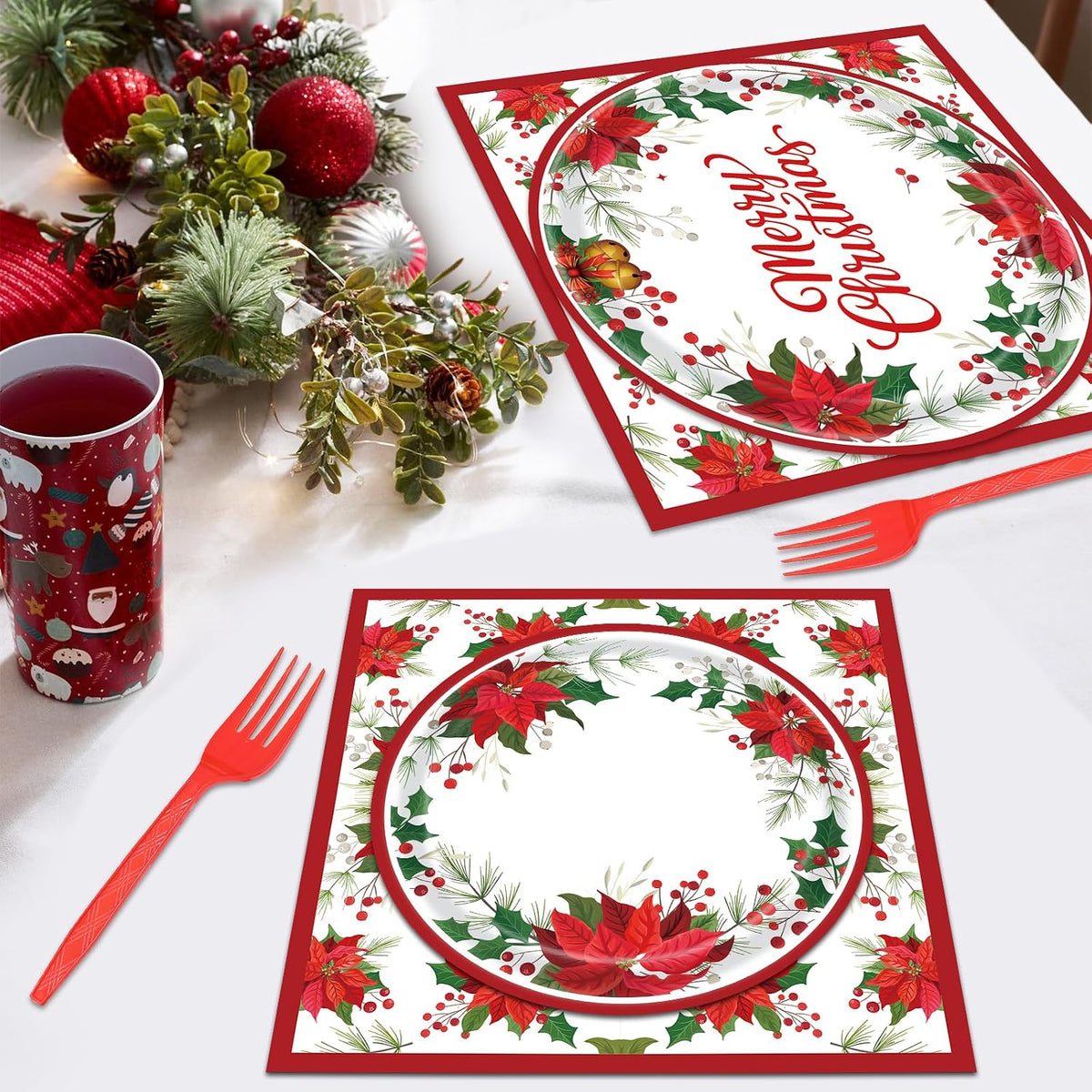96 Pieces Christmas Poinsettia Tableware Set – Merry Christmas Disposable Plates, Napkins, Forks Party Supplies with Holiday Flower and Holly Designs for Xmas Parties Celebrations – Serves 24 Guests