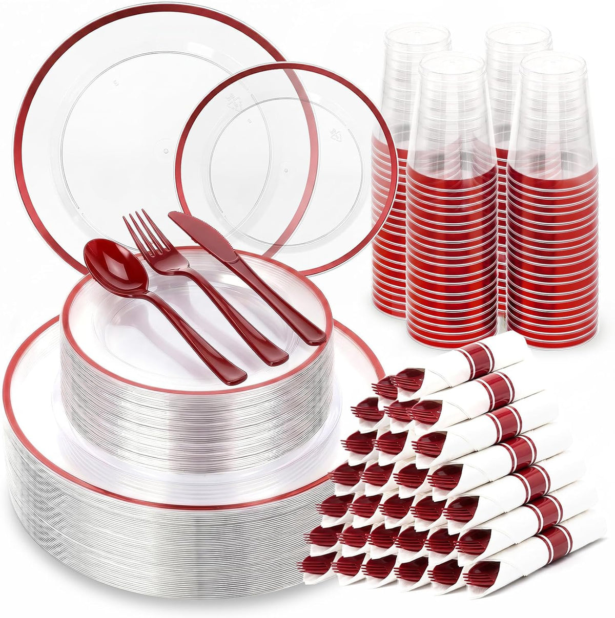 350PCS Clear Red Plastic Plates Dinnerware Sets for 50 Guests