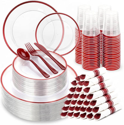 350PCS Clear Red Plastic Plates Dinnerware Sets for 50 Guests