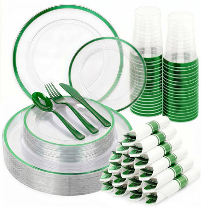 350PCS Clear Red Plastic Plates Dinnerware Sets for 50 Guests