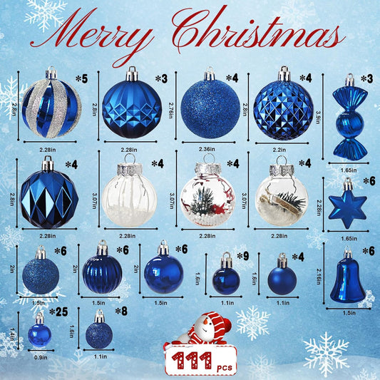 111-Pack Christmas Balls Ornaments,Assorted Shatterproof Christmas Ornaments Set, Luxurious Hanging Pendants Package for Christmas Tree Party Holiday Indoor Decor (111Pcs-Blue)