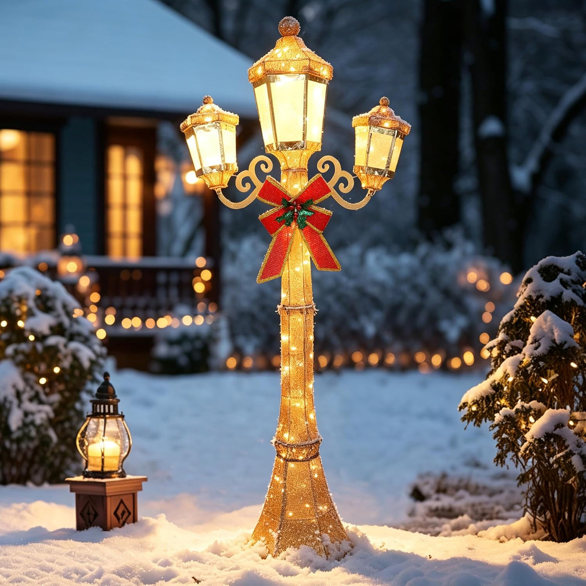 BlueWish 6FT Pre-Lit Triple Lamp Post, Christmas Lamp Post Decor, Golden