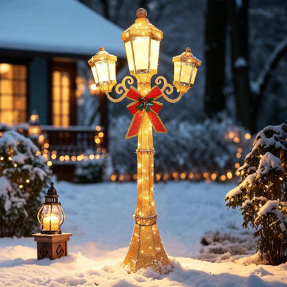 BlueWish 6FT Pre-Lit Triple Lamp Post, Christmas Lamp Post Decor, Golden