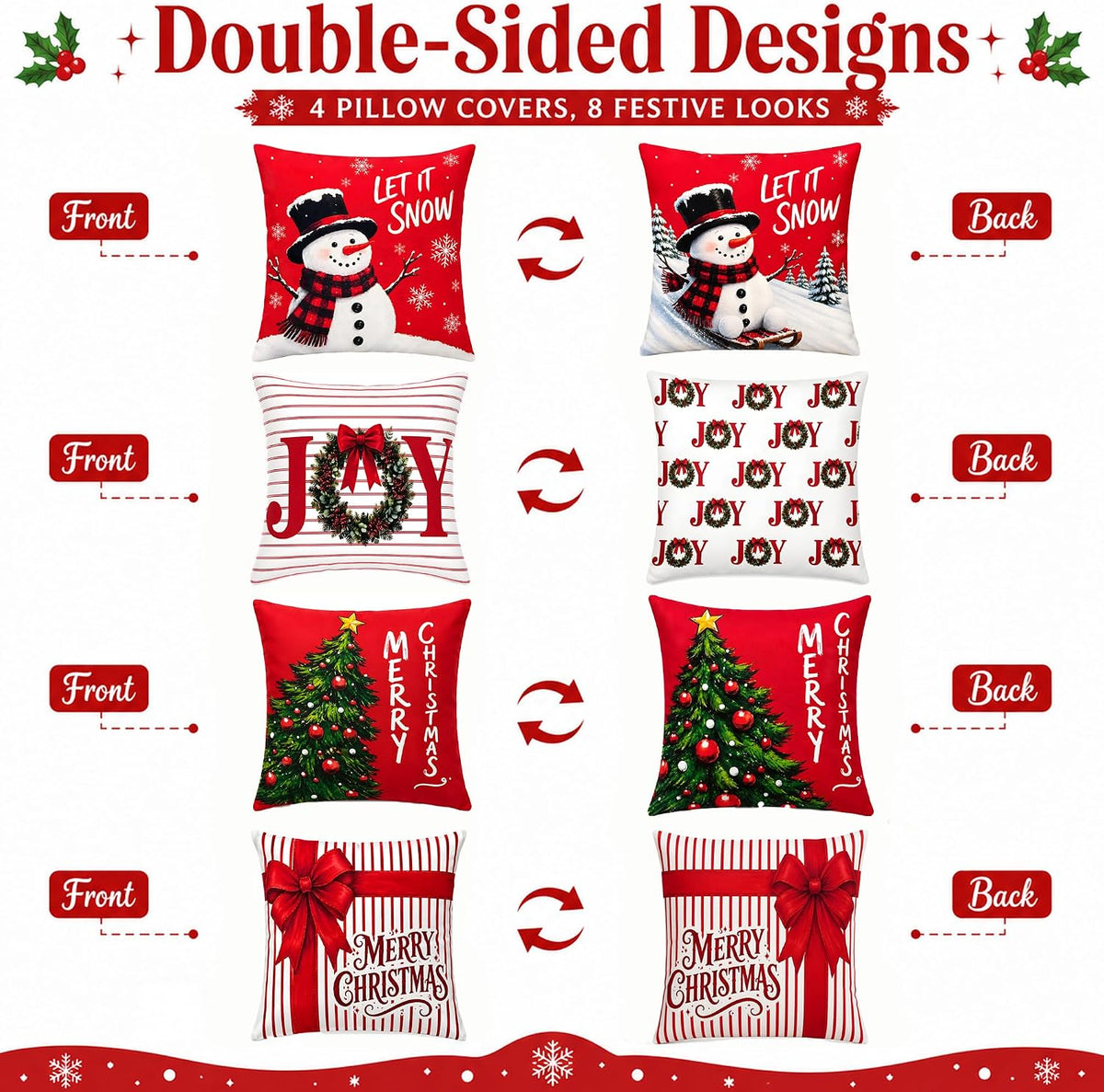 Christmas Decorations - Set of 4 Double-Sided Print Christmas Pillow Covers