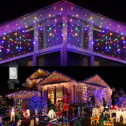 Toodour Christmas Icicle Lights Outdoor, 612 LED 50ft 8 Modes Fairy Icicle String Light with 102 Drops, Led Christmas Lights Twinkle for Holiday, Party, Wedding, Eaves, Xmas Decorations (Warm White)