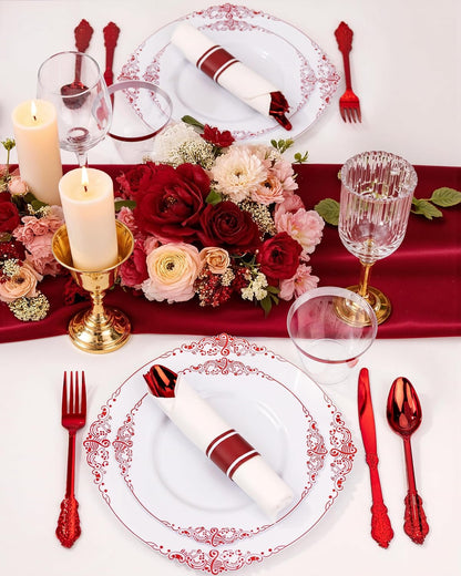 Nervure 175Pcs Red Plastic Plates, Red Plastic Dinnerware Set for 25 Guests