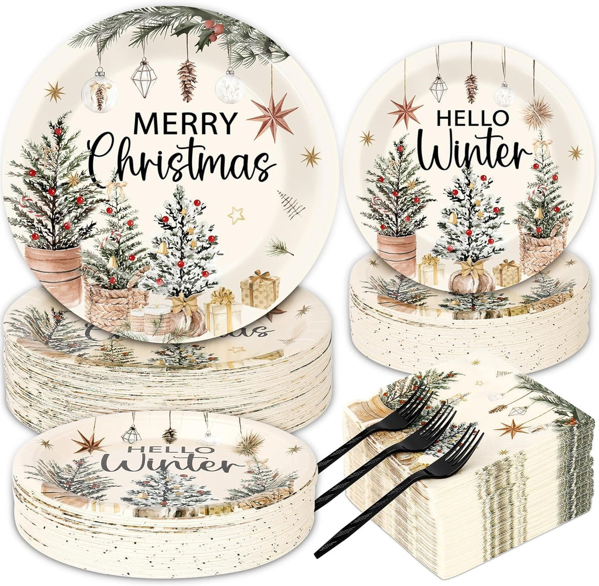 200Pcs Merry Christmas Paper Plates and Napkins ,Red Xmas Dinner Plates