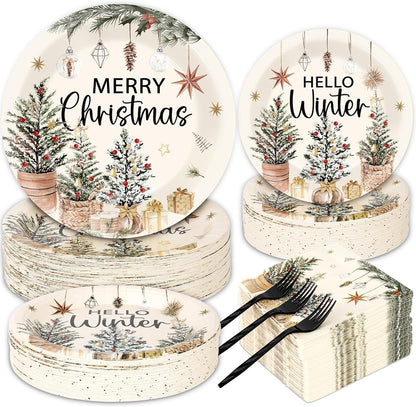 200Pcs Merry Christmas Paper Plates and Napkins ,Red Xmas Dinner Plates