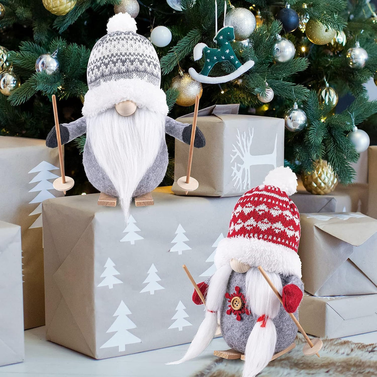 D-FantiX 2Pack Sled Christmas Gnomes Plush with Wood Skis and Ski Poles