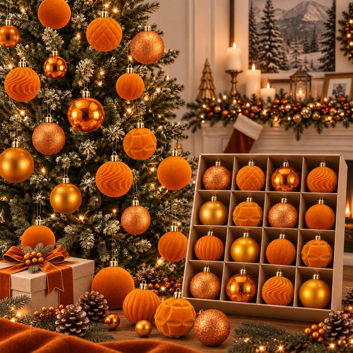 Hollowfly 56 Pcs Burgundy Velvet Christmas Balls Ornaments Set