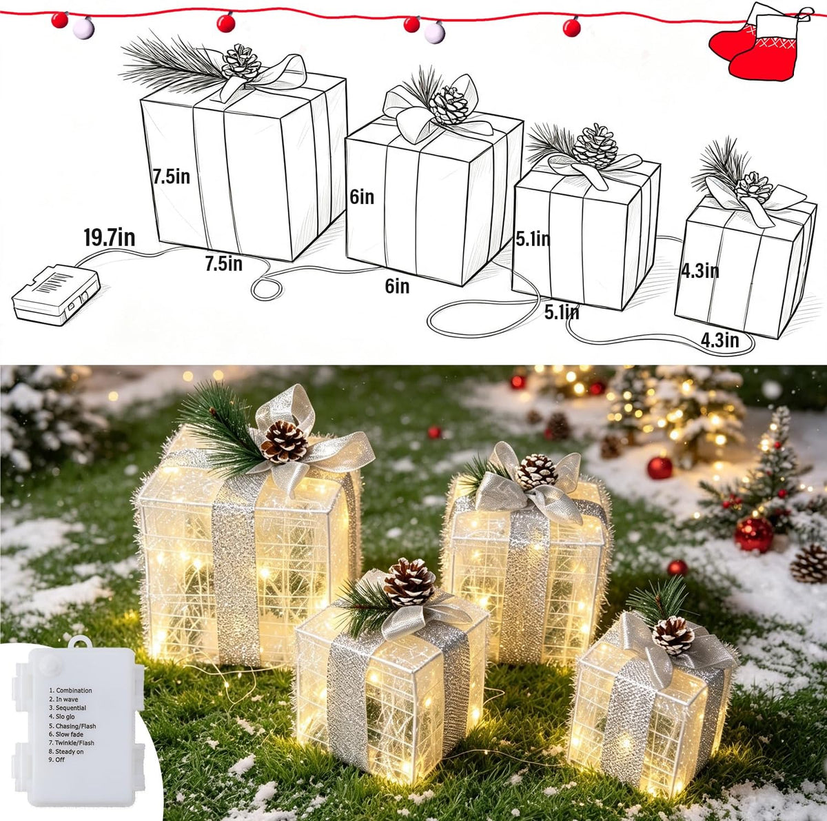 Hourleey Set of 4 Christmas Lighted Gift Boxes Warm White 70 LED Pre-lit