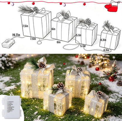 Hourleey Set of 4 Christmas Lighted Gift Boxes Warm White 70 LED Pre-lit