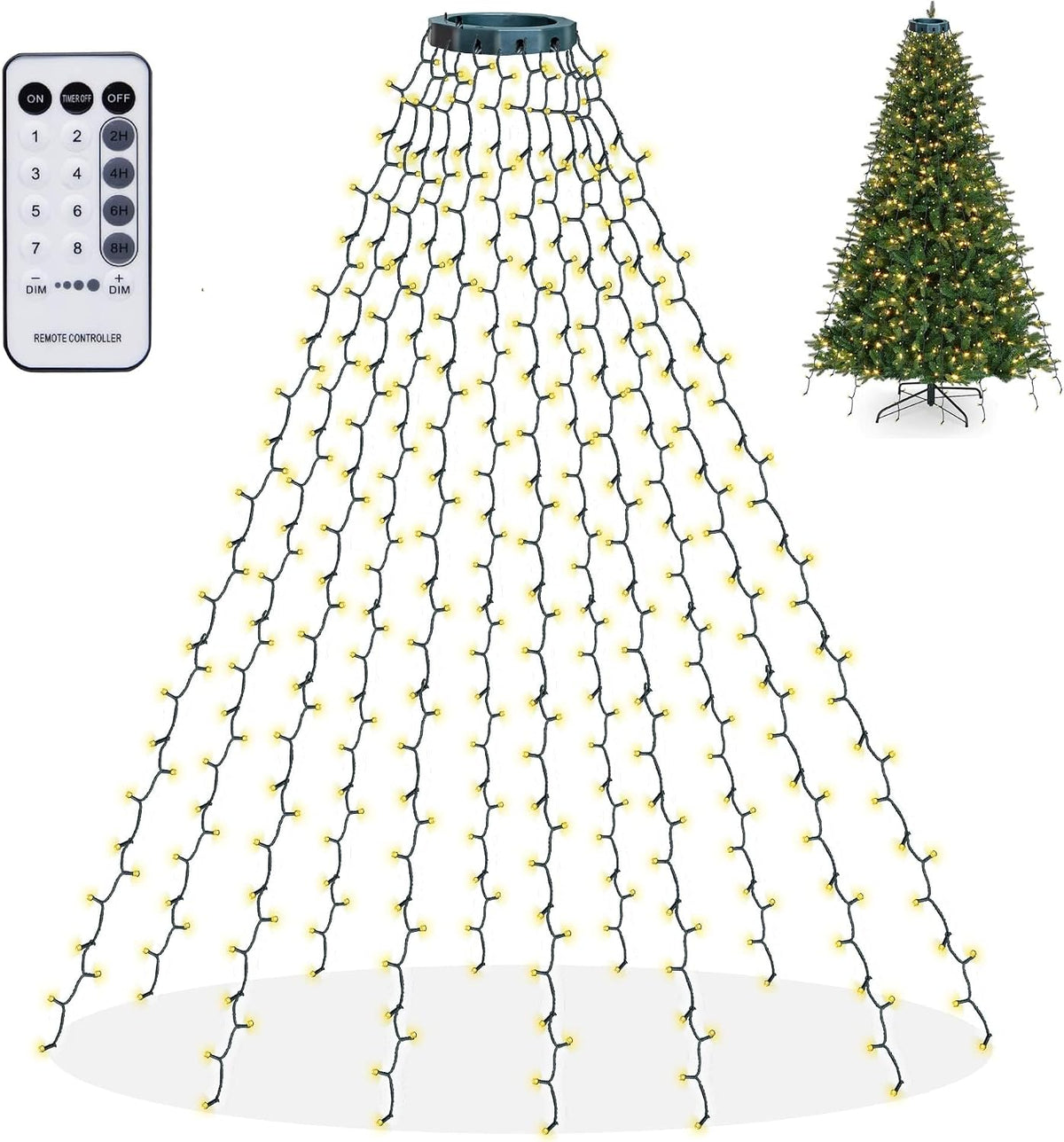 Dazzle Bright Christmas Tree Lights, 448 LED Waterfall Tree Topper Lights with Remote & 8 Lighting Modes, 8.2FT X 16 Lines Christmas Light for Indoor Outdoor Yard Party Xmas Decoration (Warm White)