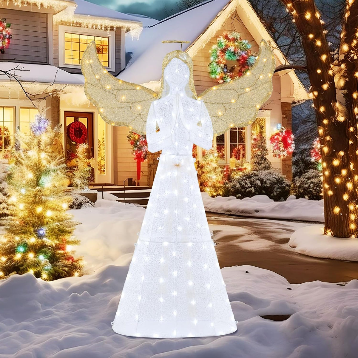 Tangkula 5 FT Lighted Christmas Angel, 3D Light-up Winged Angel Decoration