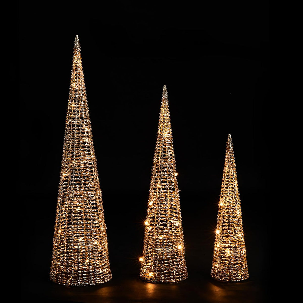 Glitzhome Lighted Christmas Crystal Cone Tree, with 65 LED Lights Warm White Holiday Christmas Decorations pre-lit Lawn Yard Decoration Festival Outdoor and Indoor use Long-Lasting, Gold, Set of 3