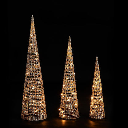 Glitzhome Lighted Christmas Crystal Cone Tree, with 65 LED Lights Warm White Holiday Christmas Decorations pre-lit Lawn Yard Decoration Festival Outdoor and Indoor use Long-Lasting, Gold, Set of 3