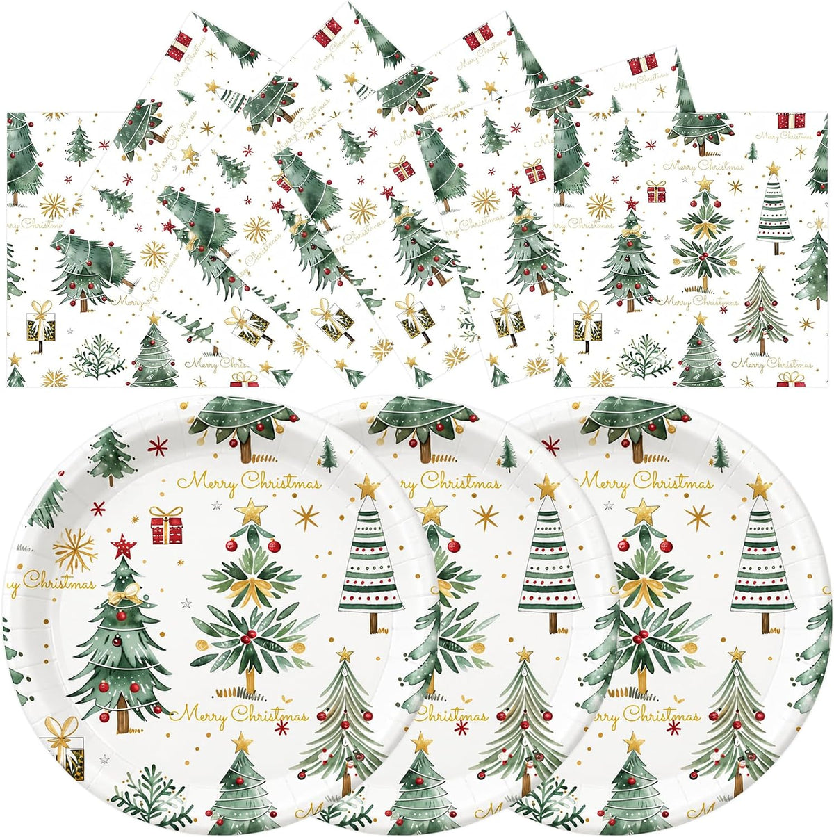 Merry Christmas Plates and Napkins Set, 7inch Xmas Tree Party Decorations
