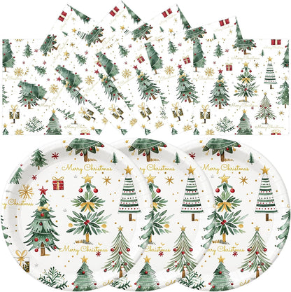 Merry Christmas Plates and Napkins Set, 7inch Xmas Tree Party Decorations
