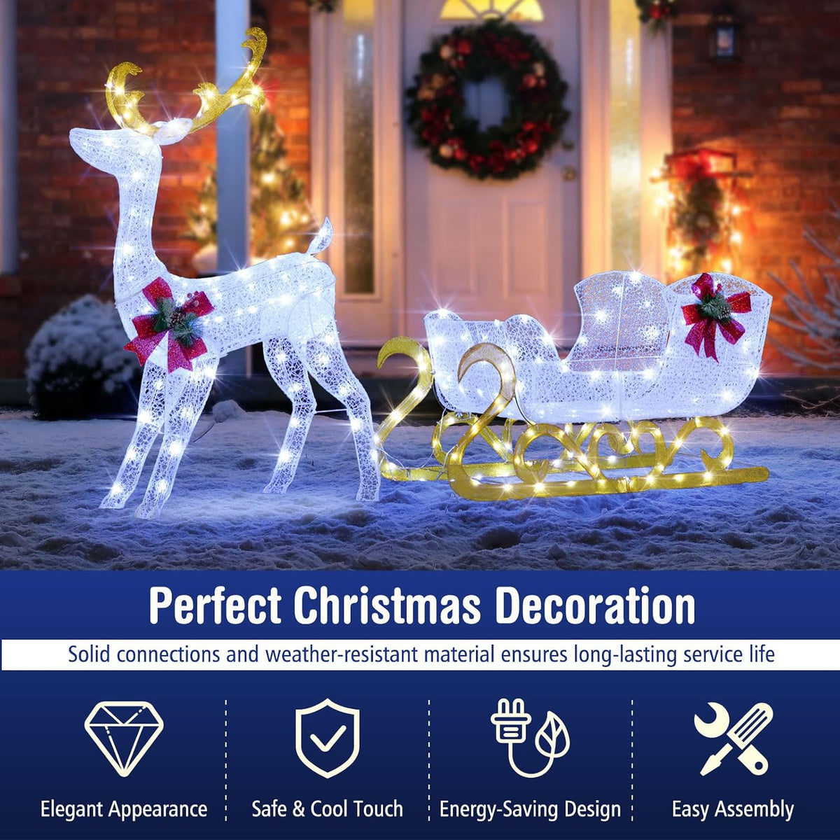 Tangkula 6 FT Christmas Lighted Reindeer & Santa’s Sleigh Set, Cold White