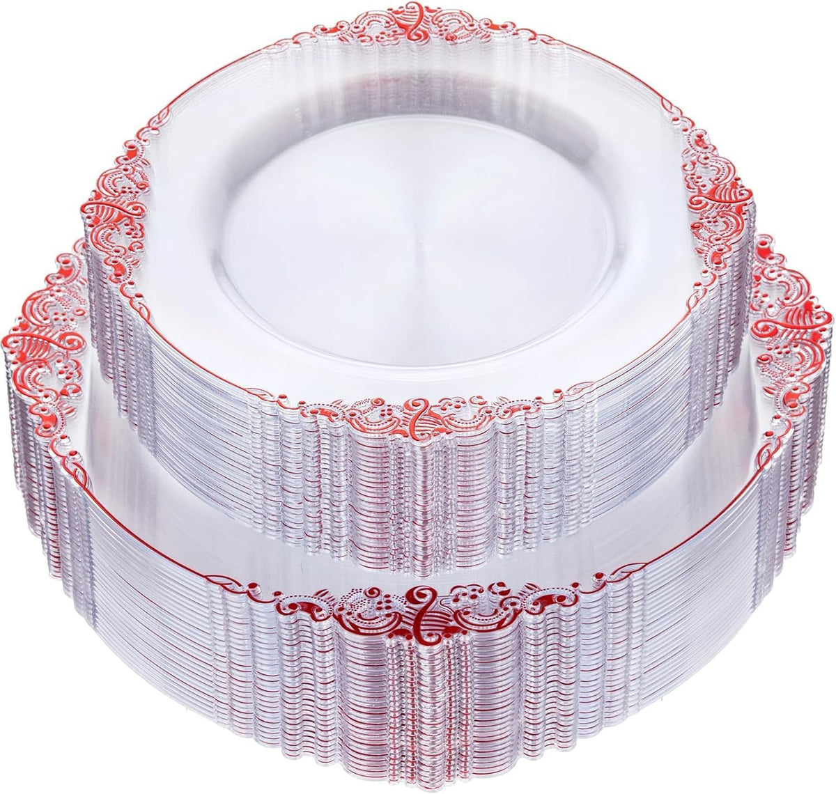 Nervure 100Pcs Clear Red Plastic Plates, Party Plates Set for 50Guests
