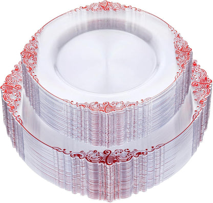 Nervure 100Pcs Clear Red Plastic Plates, Party Plates Set for 50Guests