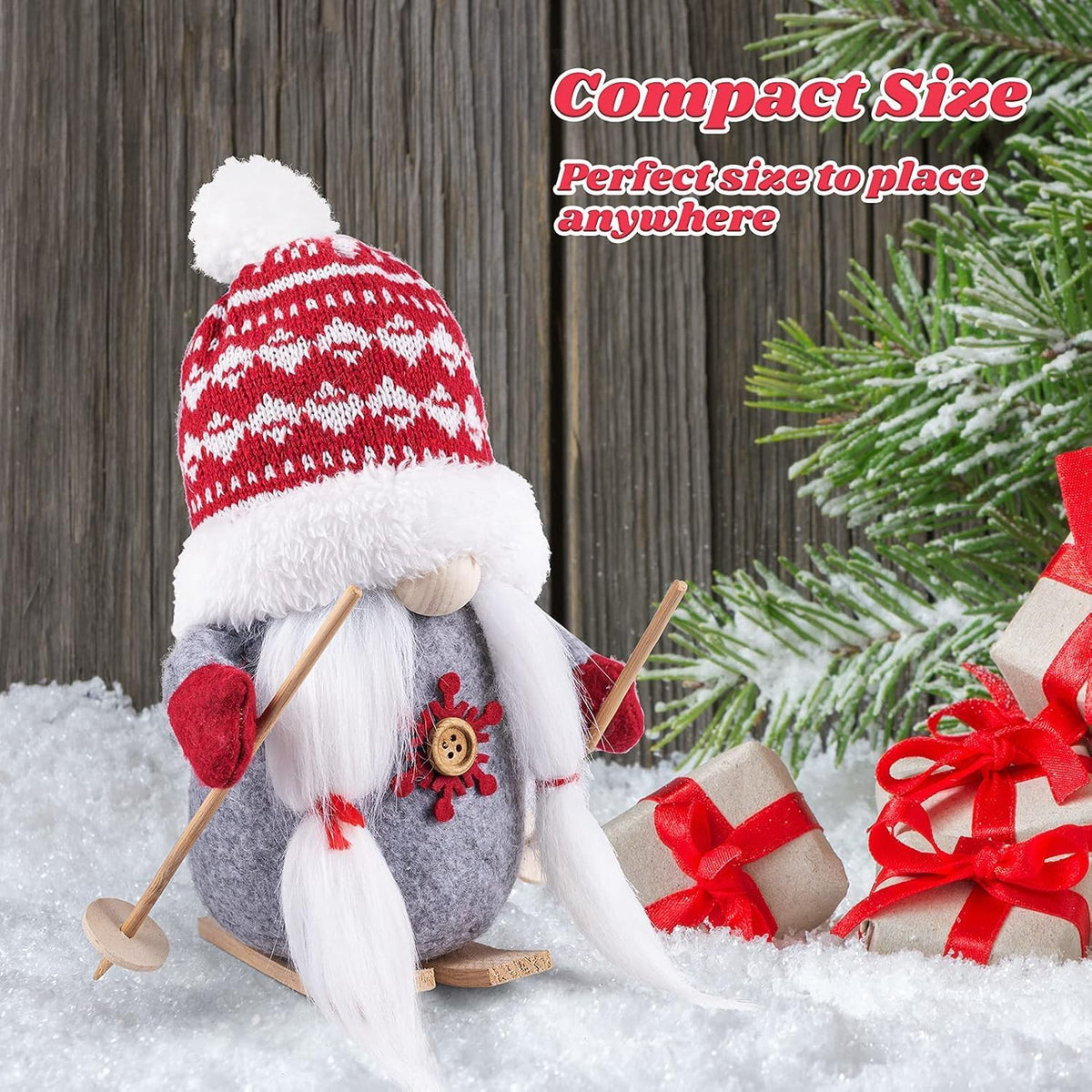 D-FantiX 2Pack Sled Christmas Gnomes Plush with Wood Skis and Ski Poles